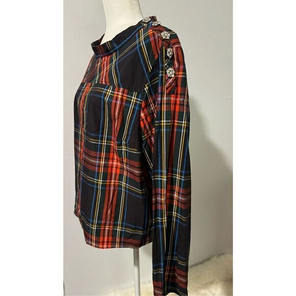 J.Crew Funnelneck shirt in Stewart tartan with jeweled buttons on shoulder stewa - Picture 4 of 12